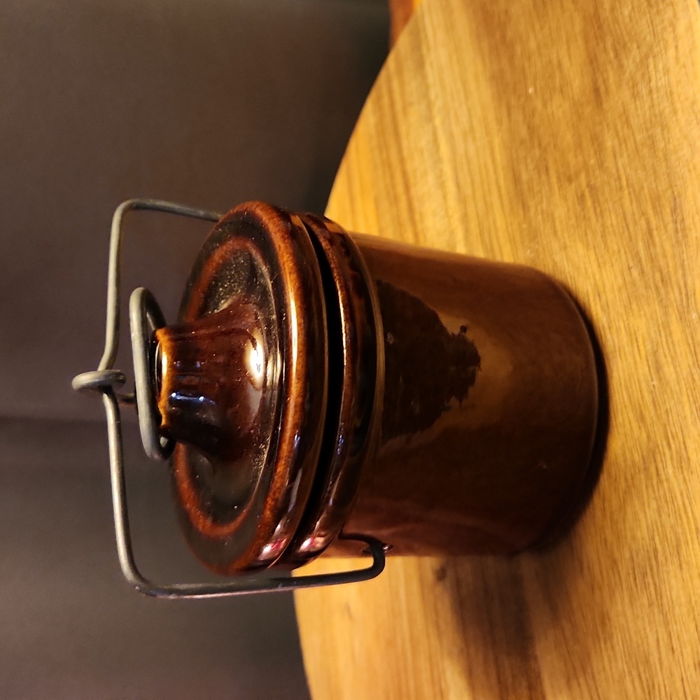 4in Small Brown Crock with metal snap lid Vintage